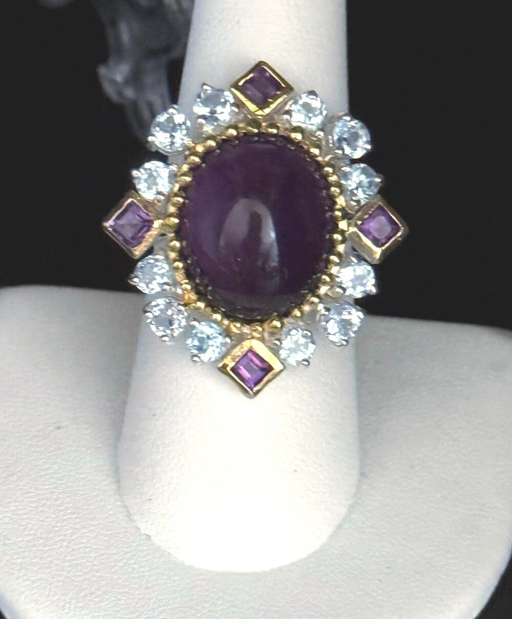 16 ct Amethyst & Aquamarine Cocktail Ring in solid 925 and 14k gold accents.
